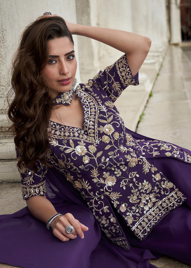 Purple Embroidered Sharara Suit