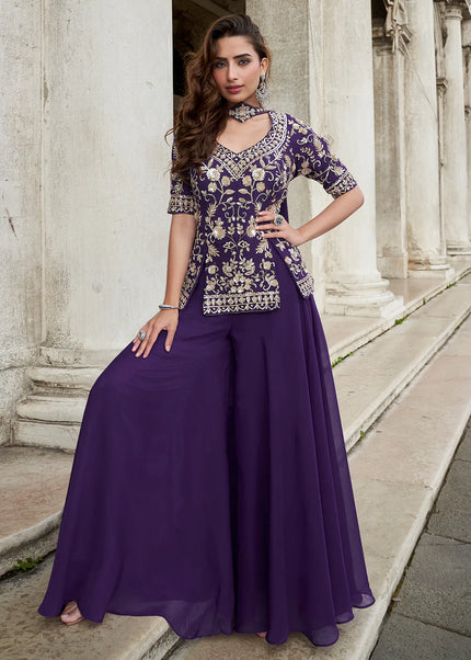 Purple Embroidered Sharara Suit