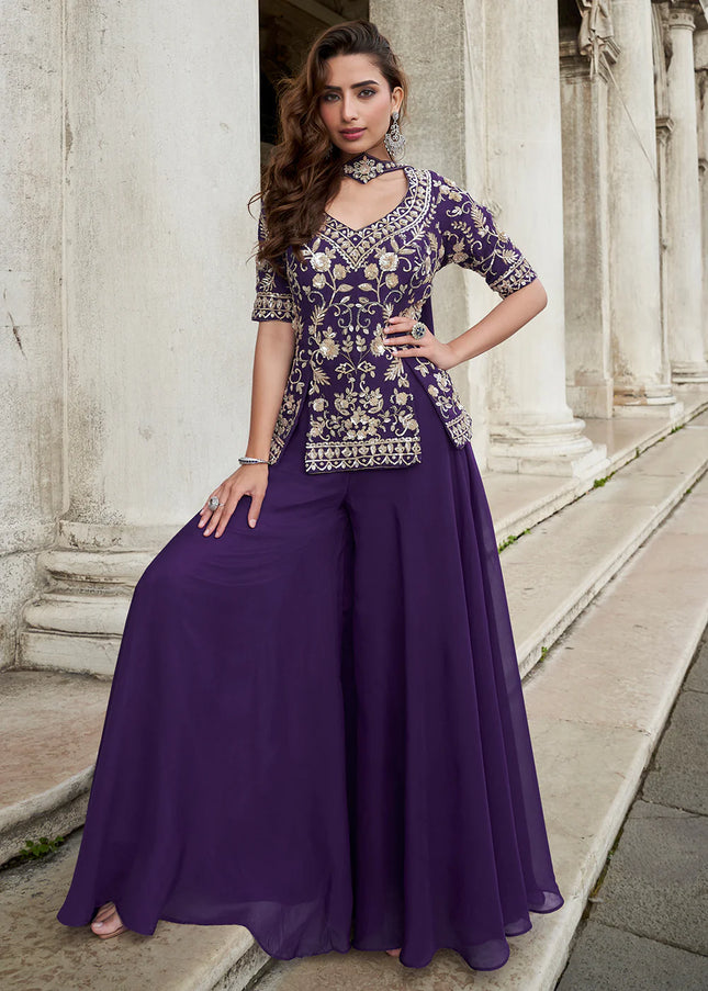 Purple Embroidered Sharara Suit