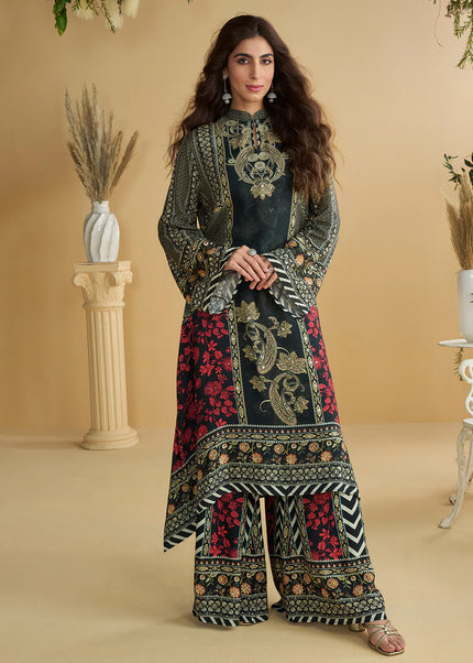 Black Printed and Embroidered Palazzo Suit