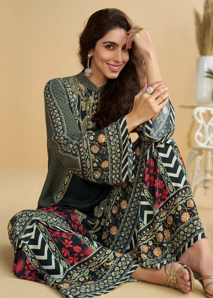 Black Printed and Embroidered Palazzo Suit