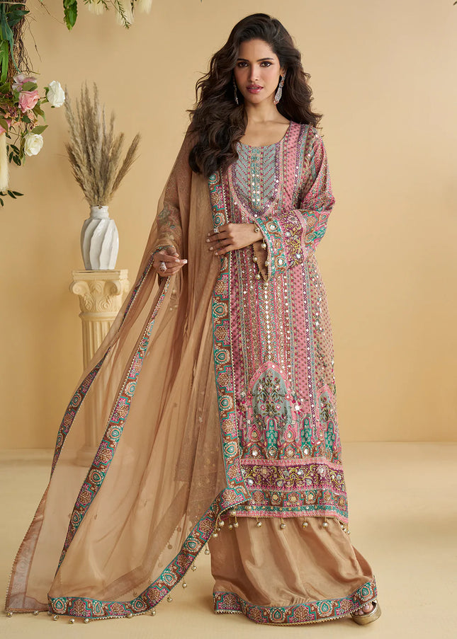 Pink Printed and Embroidered Palazzo Suit
