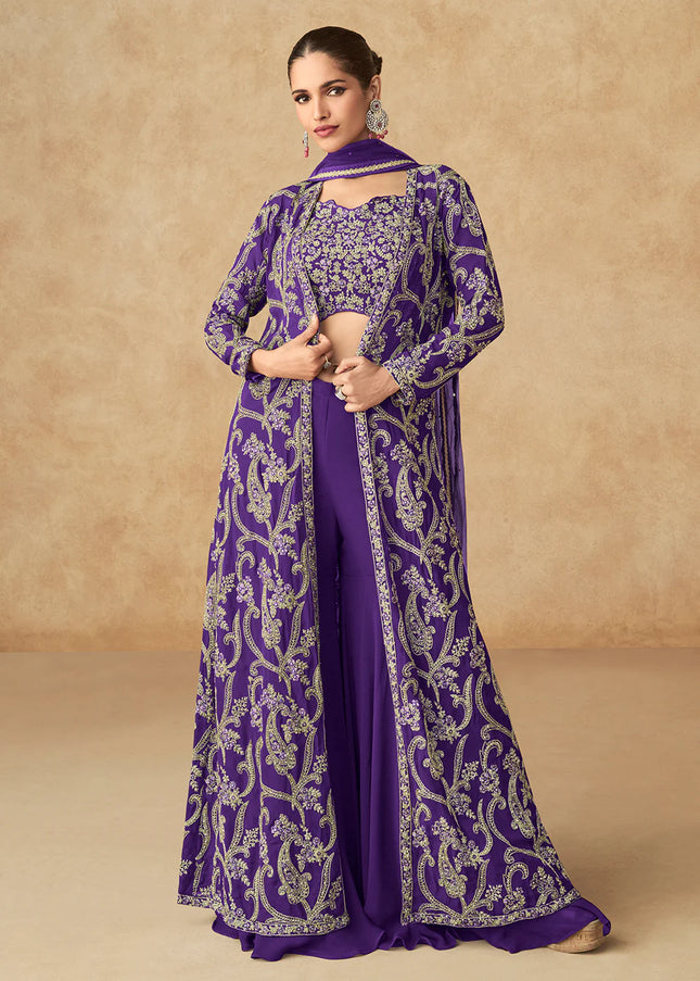 Violet Embroidered Jacket Style Gharara Suit