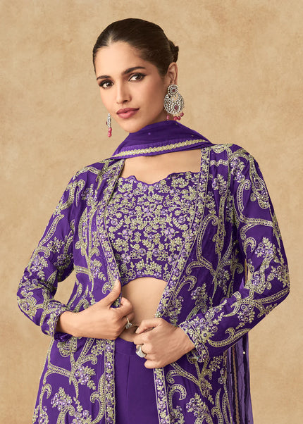 Violet Embroidered Jacket Style Gharara Suit