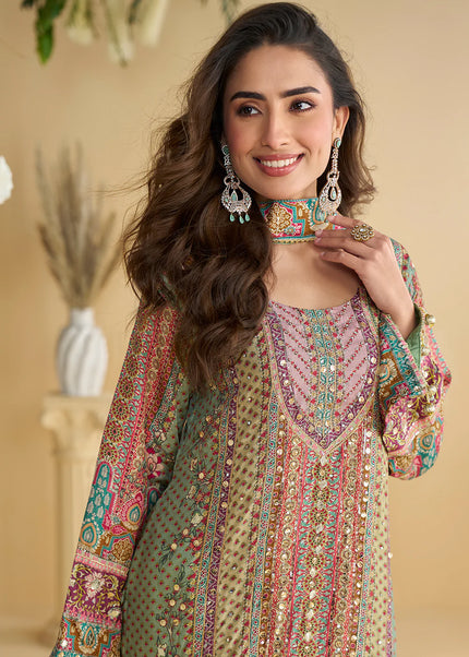 Sea Green Printed and Embroidered Palazzo Suit