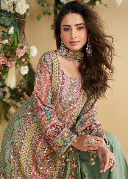 Sea Green Printed and Embroidered Palazzo Suit