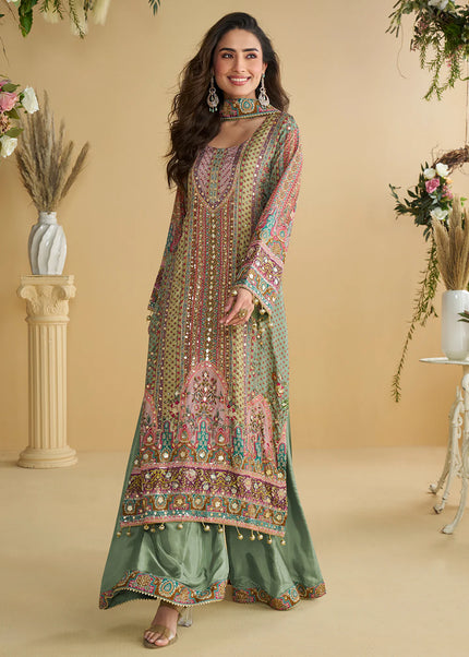 Sea Green Printed and Embroidered Palazzo Suit