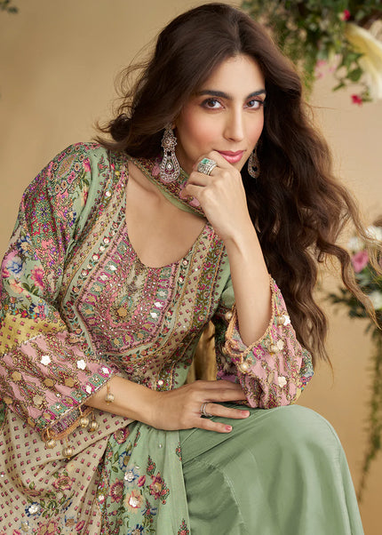 Sea Green Printed and Embroidered Palazzo Suit