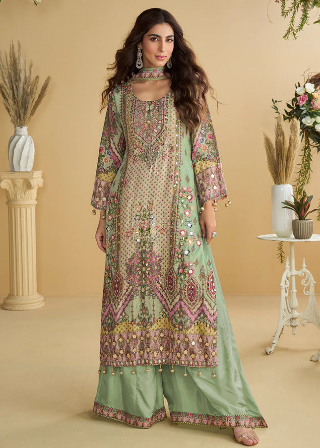 Sea Green Printed and Embroidered Sharara Suit