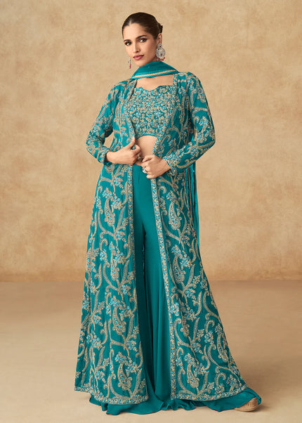 Sea Green Embroidered Jacket Style Gharara Suit