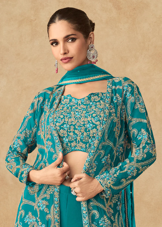 Sea Green Embroidered Jacket Style Gharara Suit