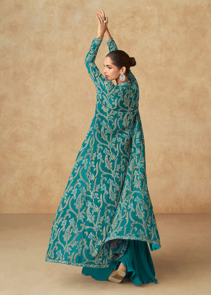 Sea Green Embroidered Jacket Style Gharara Suit