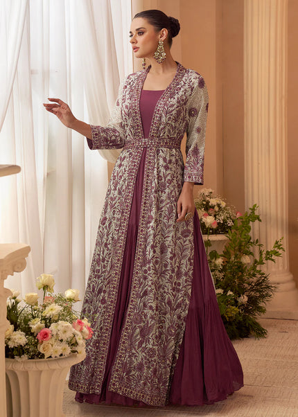Maroon Embroidered Jacket Style Anarkali Gown