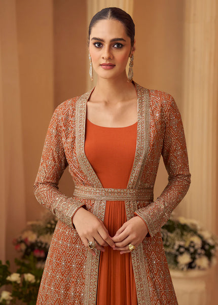 Orange Embroidered Jacket Style Anarkali Gown