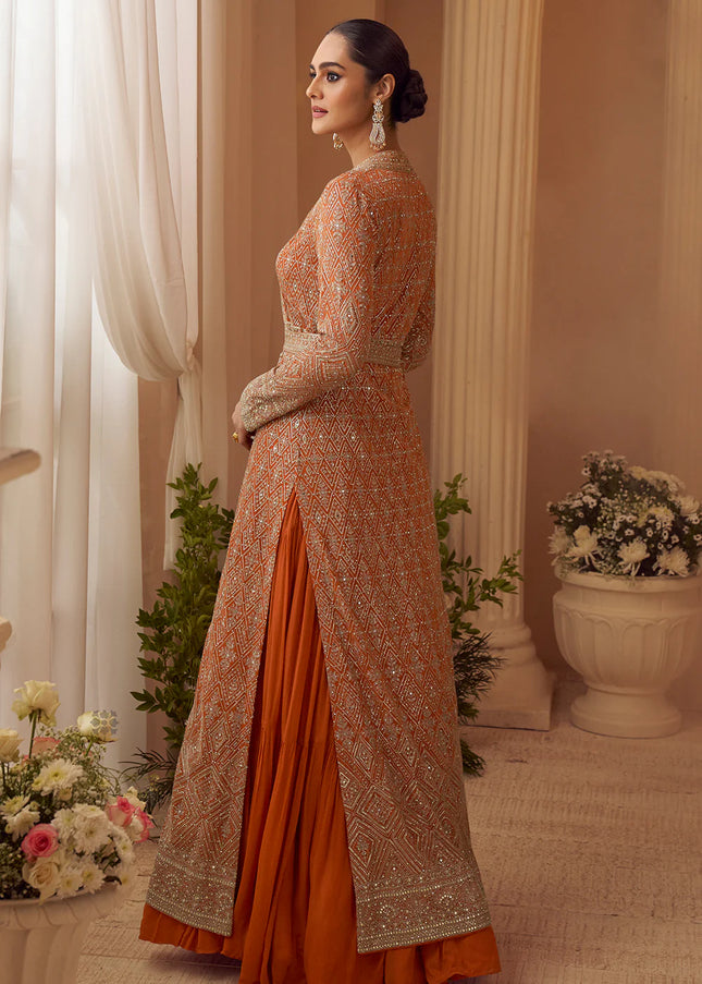 Orange Embroidered Jacket Style Anarkali Gown
