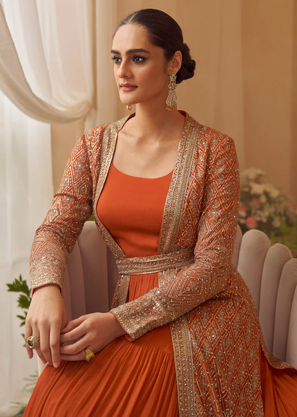 Orange Embroidered Jacket Style Anarkali Gown