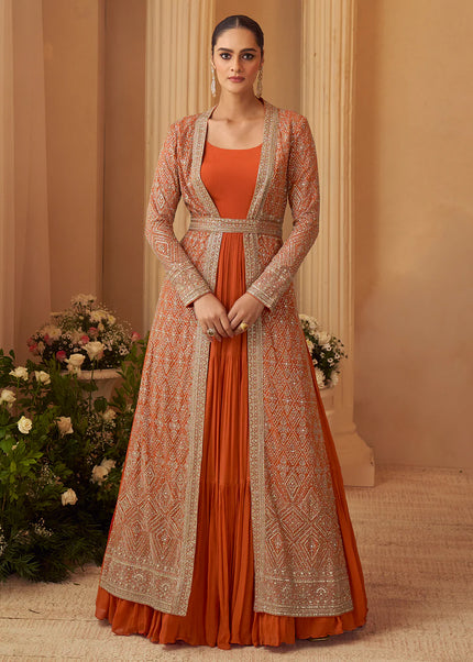 Orange Embroidered Jacket Style Anarkali Gown
