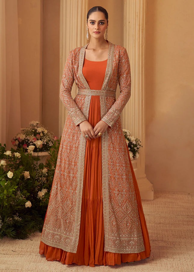 Orange Embroidered Jacket Style Anarkali Gown