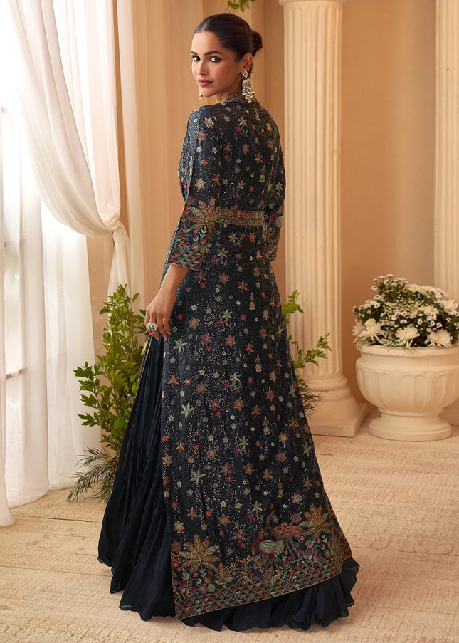 Blue Embroidered Jacket Style Anarkali Gown