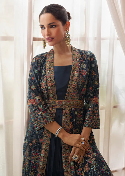 Blue Embroidered Jacket Style Anarkali Gown