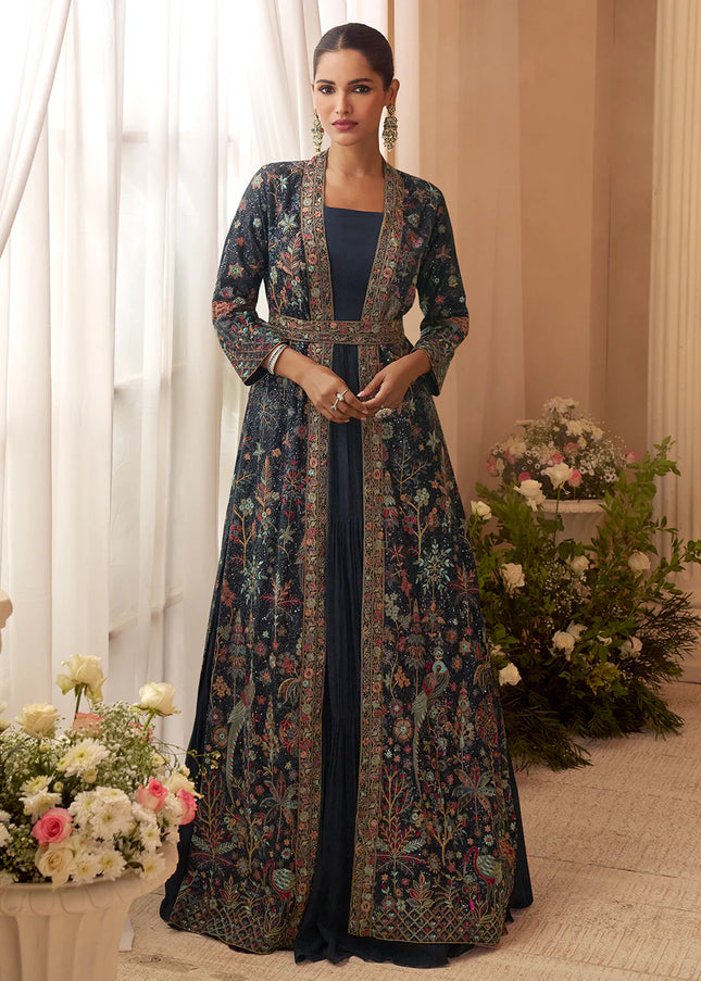 Blue Embroidered Jacket Style Anarkali Gown