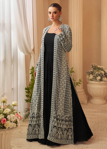 Black Embroidered Jacket Style Anarkali Gown