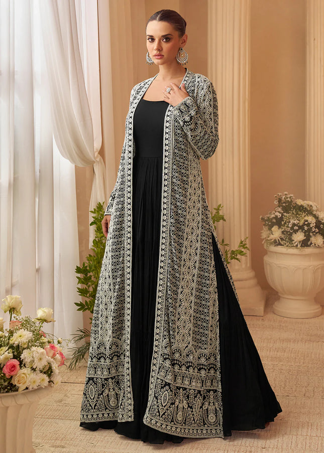 Black Embroidered Jacket Style Anarkali Gown