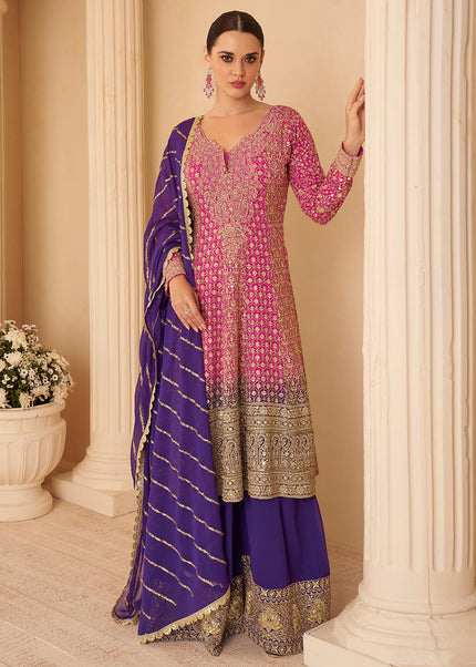 Pink and Purple Embroidered Sharara Suit