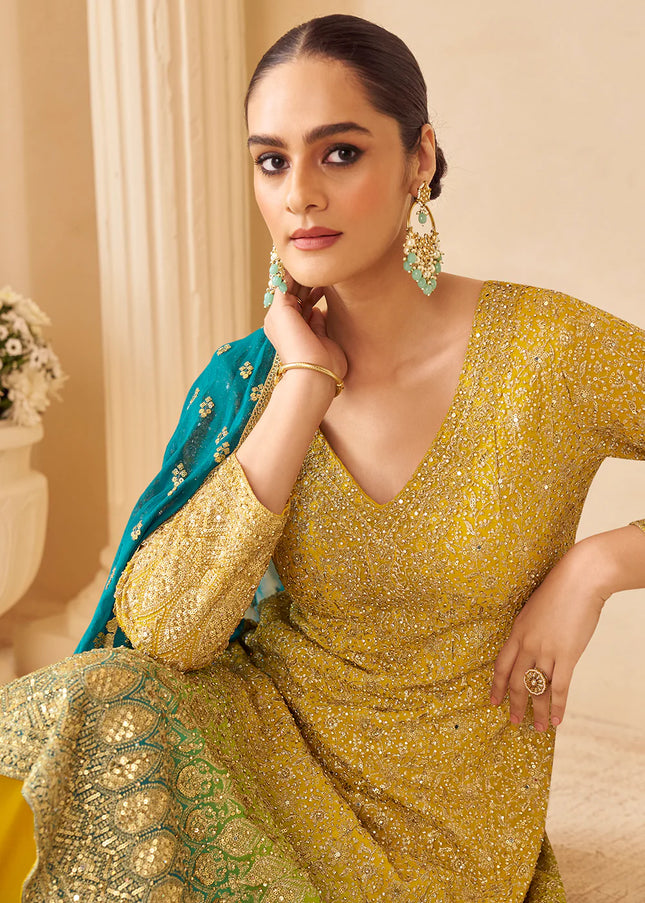 Yellow and Green Embroidered Sharara Suit