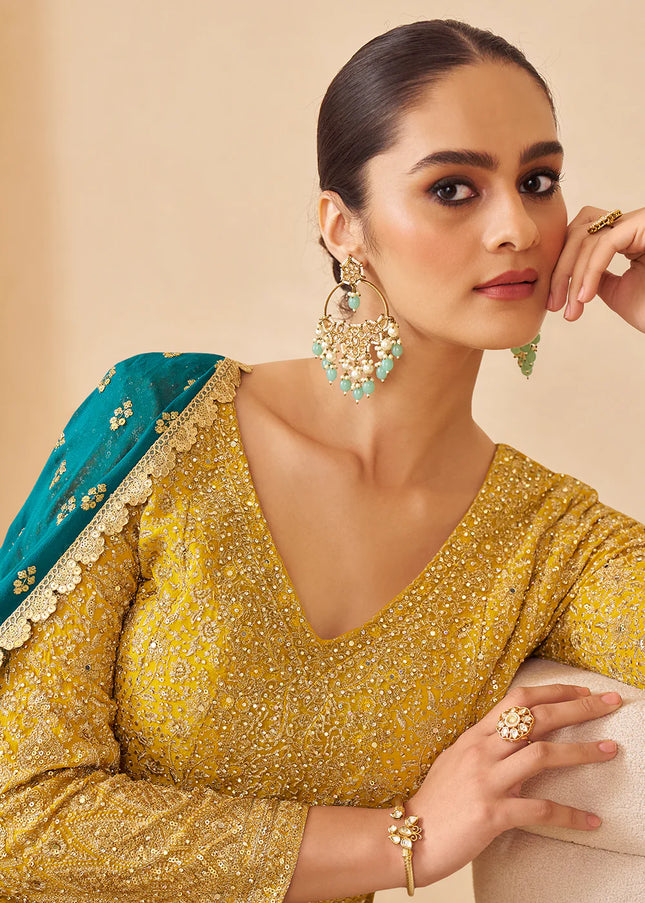 Yellow and Green Embroidered Sharara Suit