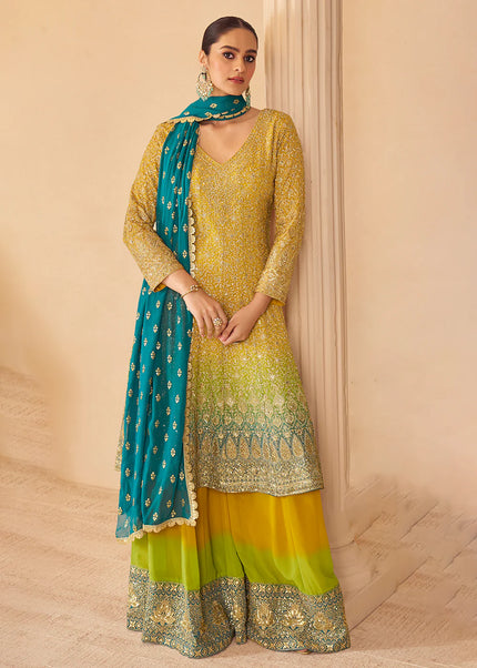 Yellow and Green Embroidered Sharara Suit