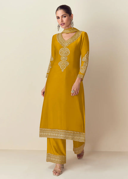 Mustard Embroidered Pant Style Suit