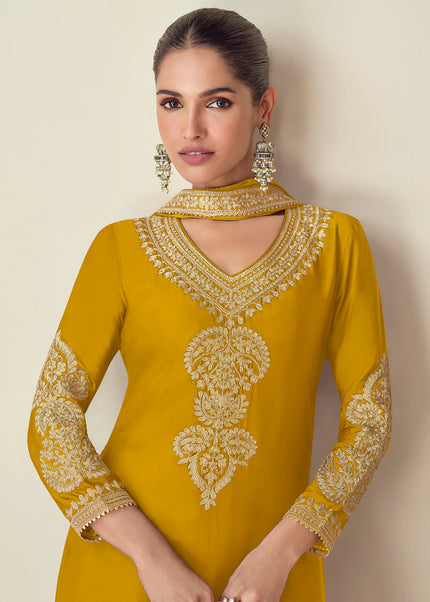 Mustard Embroidered Pant Style Suit