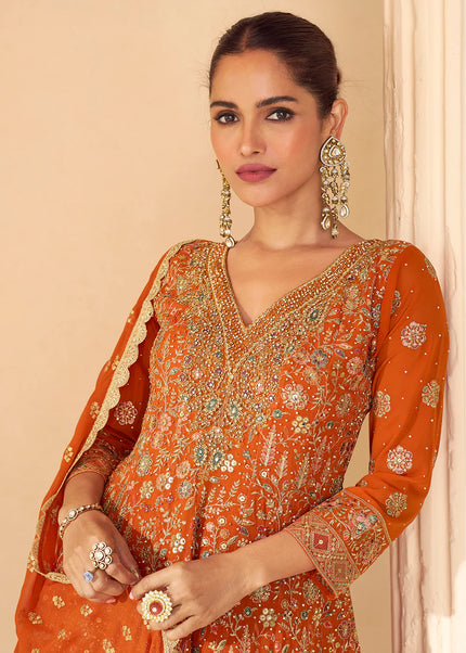 Orange Embroidered Sharara Suit