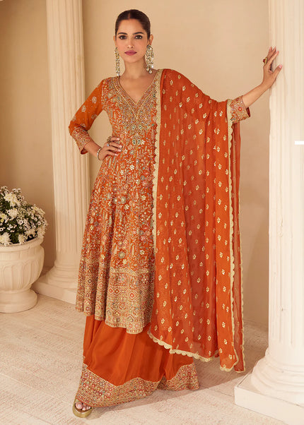Orange Embroidered Sharara Suit