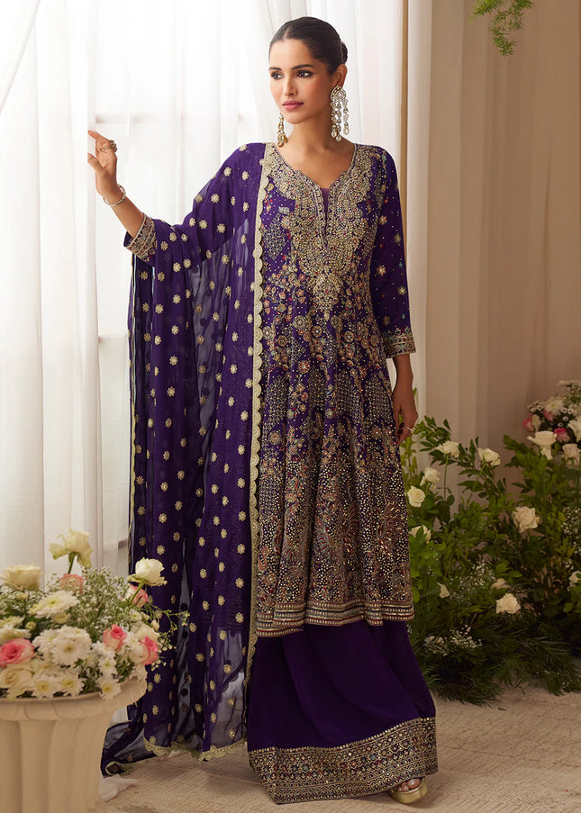 Purple Embroidered Sharara Suit