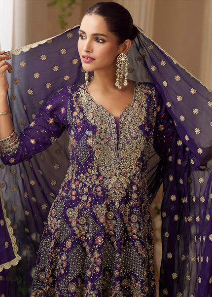 Purple Embroidered Sharara Suit