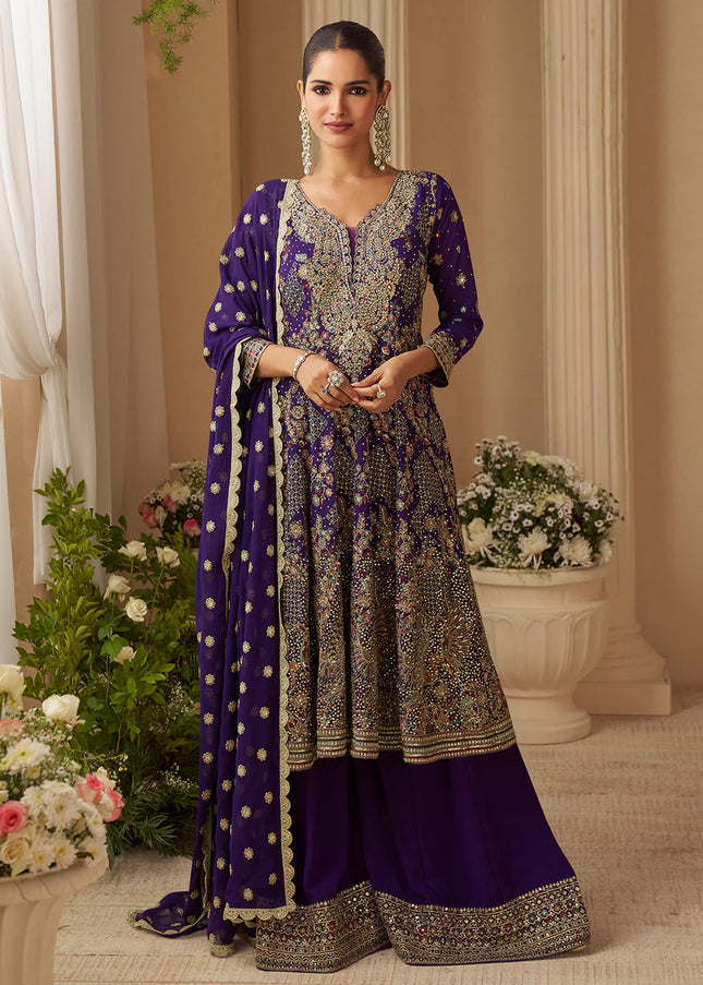 Purple Embroidered Sharara Suit