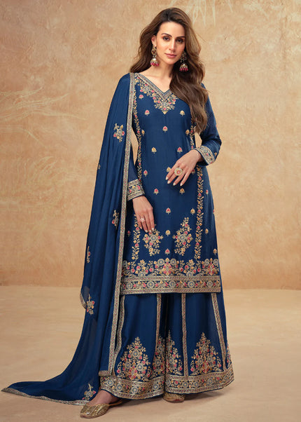 Navy Blue Embroidered Sharara Suit