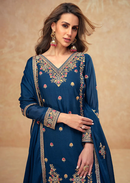 Navy Blue Embroidered Sharara Suit