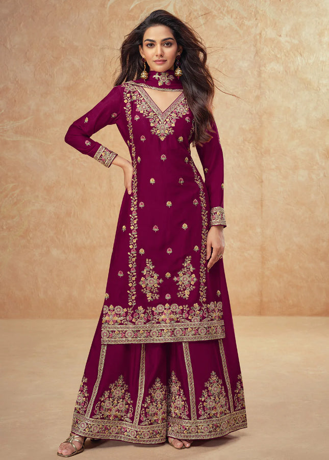 Maroon Embroidered Sharara Suit
