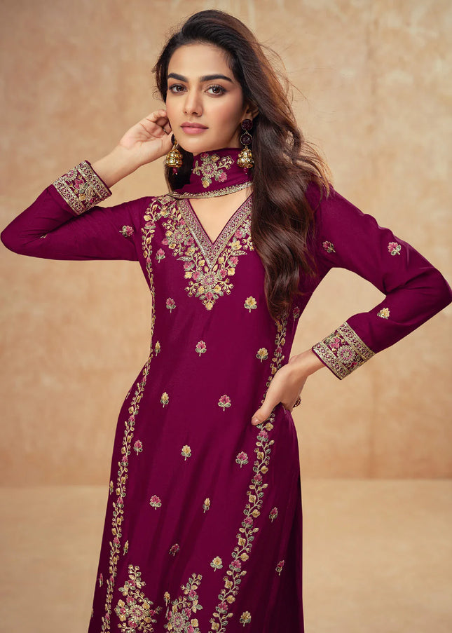 Maroon Embroidered Sharara Suit