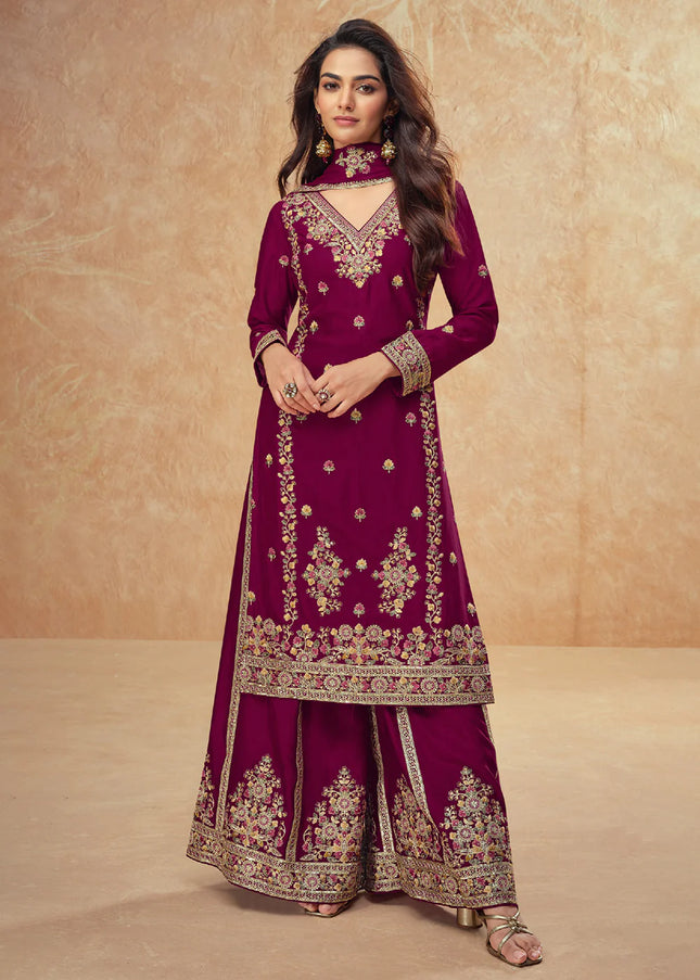 Maroon Embroidered Sharara Suit