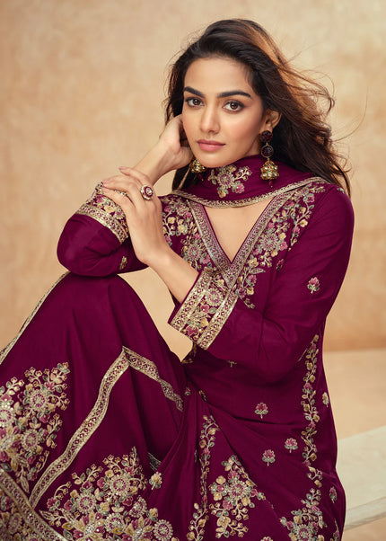 Maroon Embroidered Sharara Suit