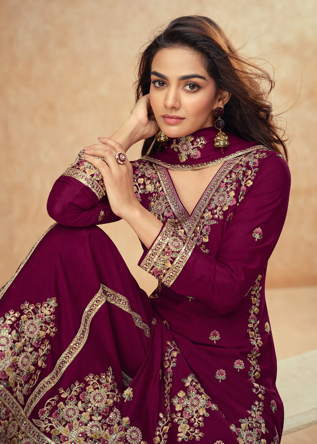 Maroon Embroidered Sharara Suit