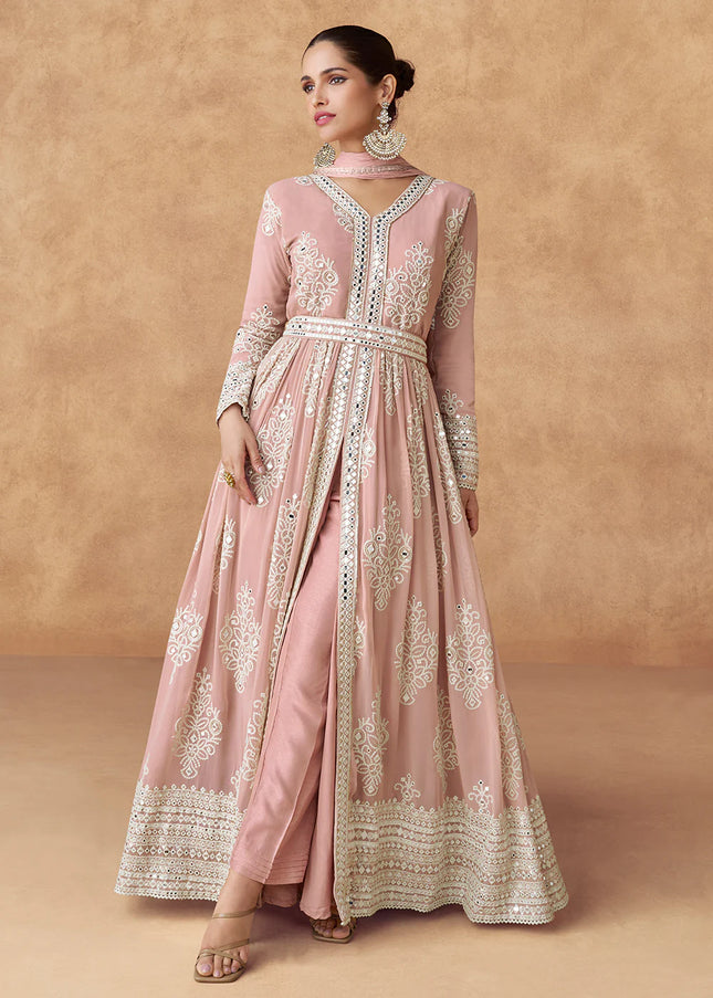 Peach Embroidered Pant Style Anarkali