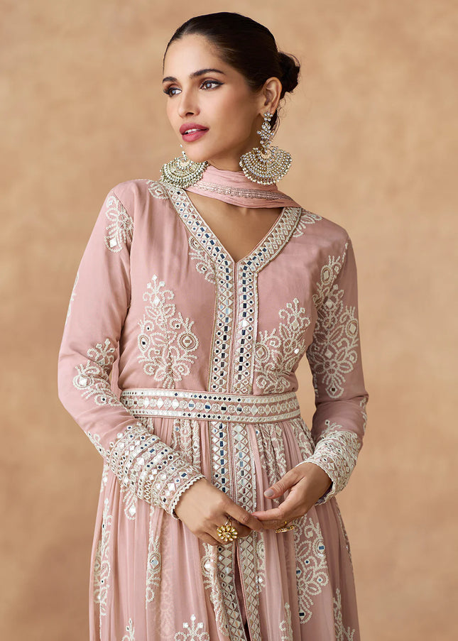 Peach Embroidered Pant Style Anarkali