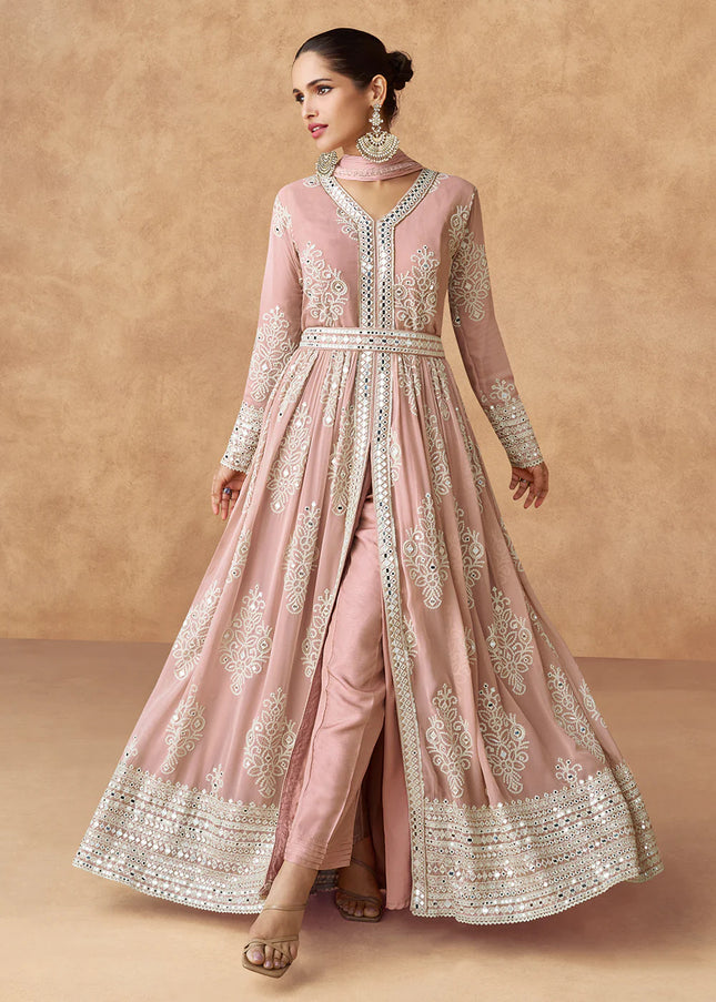 Peach Embroidered Pant Style Anarkali