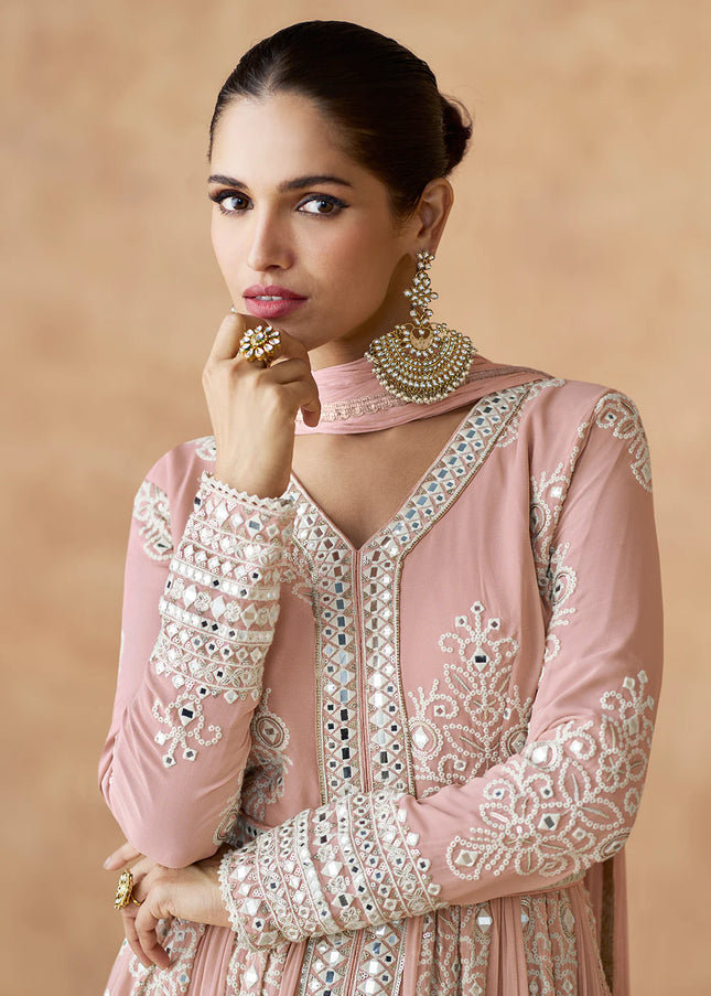 Peach Embroidered Pant Style Anarkali