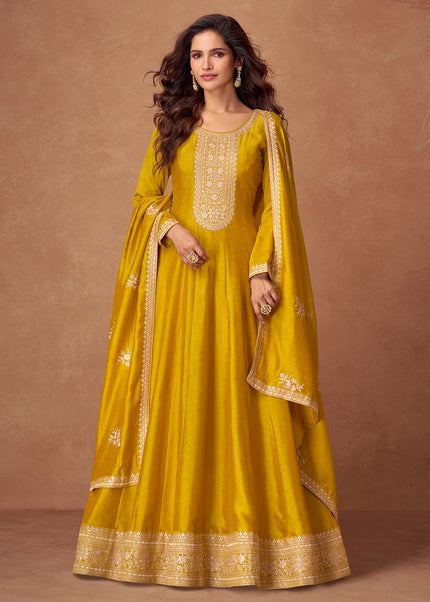 Mustard Yellow Embroidered Anarkali Gown